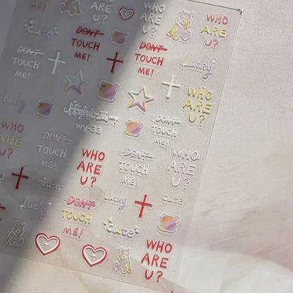 Colorful Cat's Eye 5D gradient nail art stickers with European love heart and geometric wing designs, self-adhesive manicure decals.