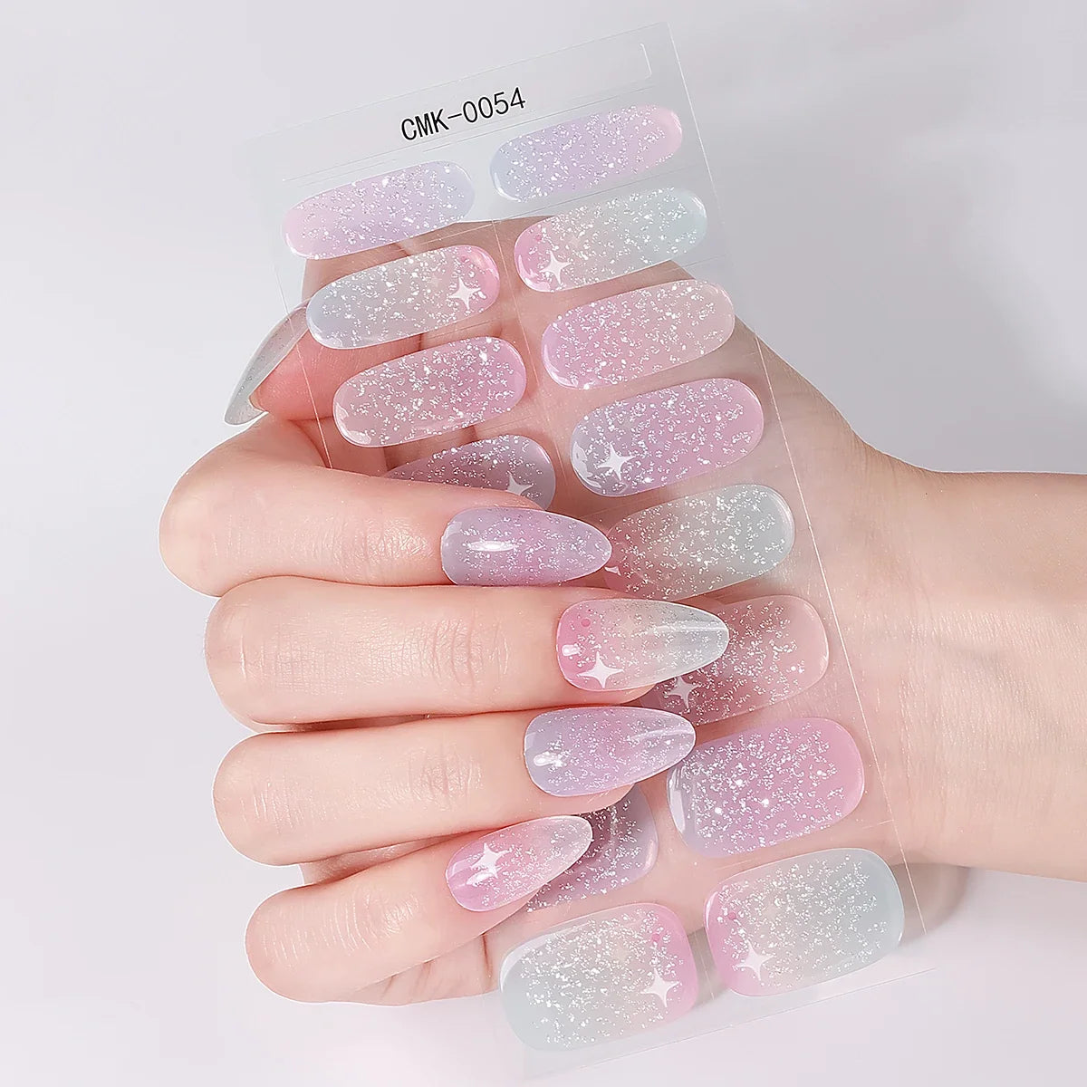 Blushimmer starry sky gel nail strips with gradient glitter design, full cover sparkling nail stickers for DIY manicure decoration