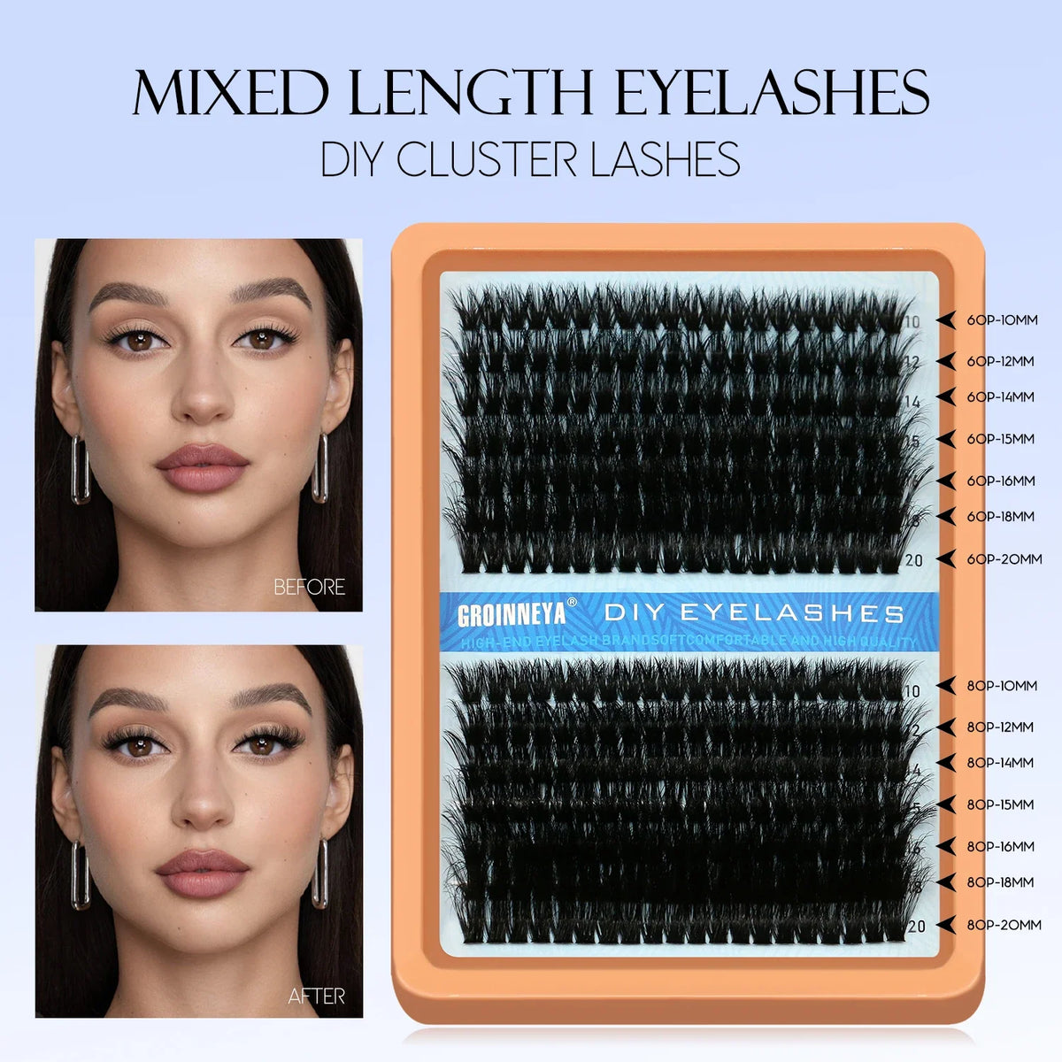 Blushimmer GROINNEYA fluffy thick DIY eyelash clusters with D/DD curl, wispy style, for eyelash extensions and false lash looks.