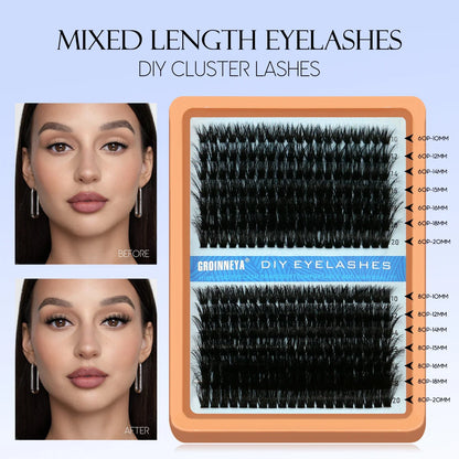 Blushimmer GROINNEYA fluffy thick DIY eyelash clusters with D/DD curl, wispy style, for eyelash extensions and false lash looks.
