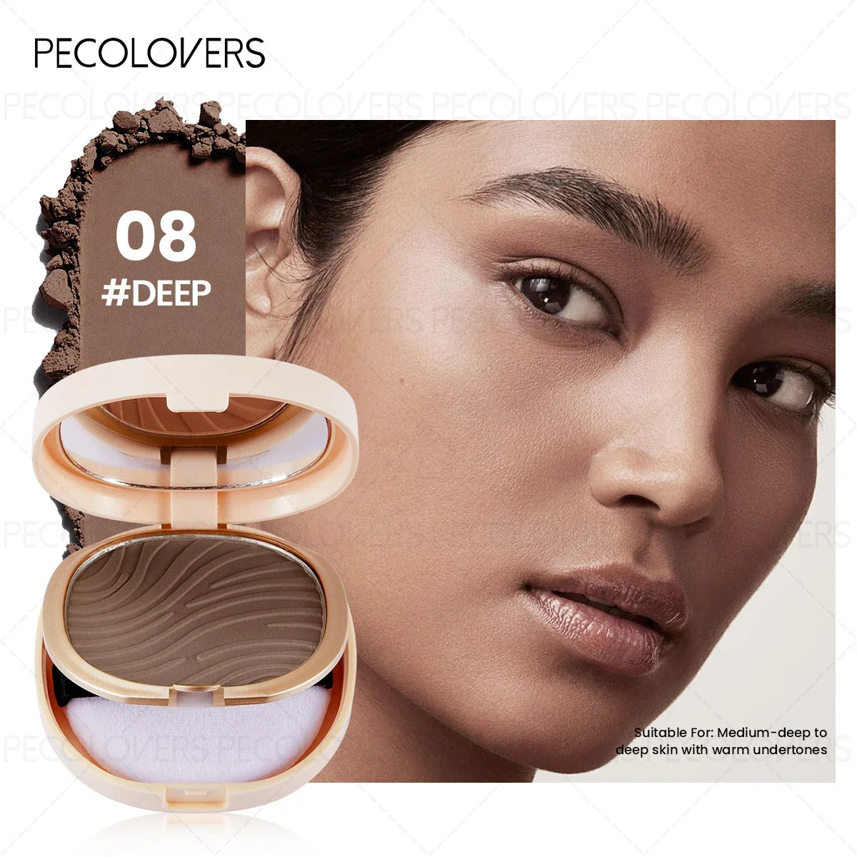 Blushimmer waterproof pressed powder foundation with matte finish, full coverage for all skin types in light to medium tone, non-sticky.