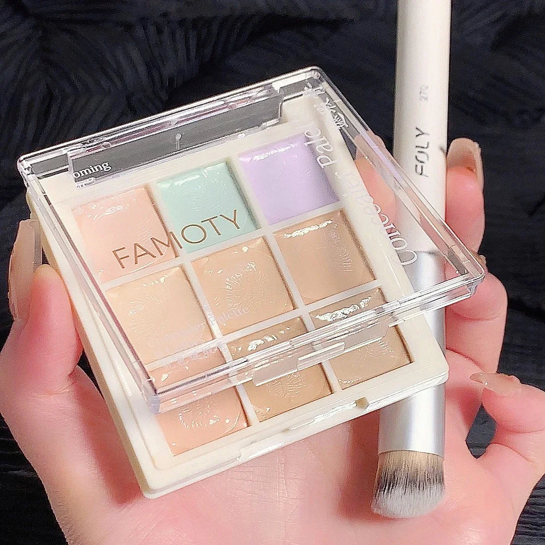 Blushimmer 9-color concealer palette with shades for freckles, acne marks, dark circles, and brightening skin tone.