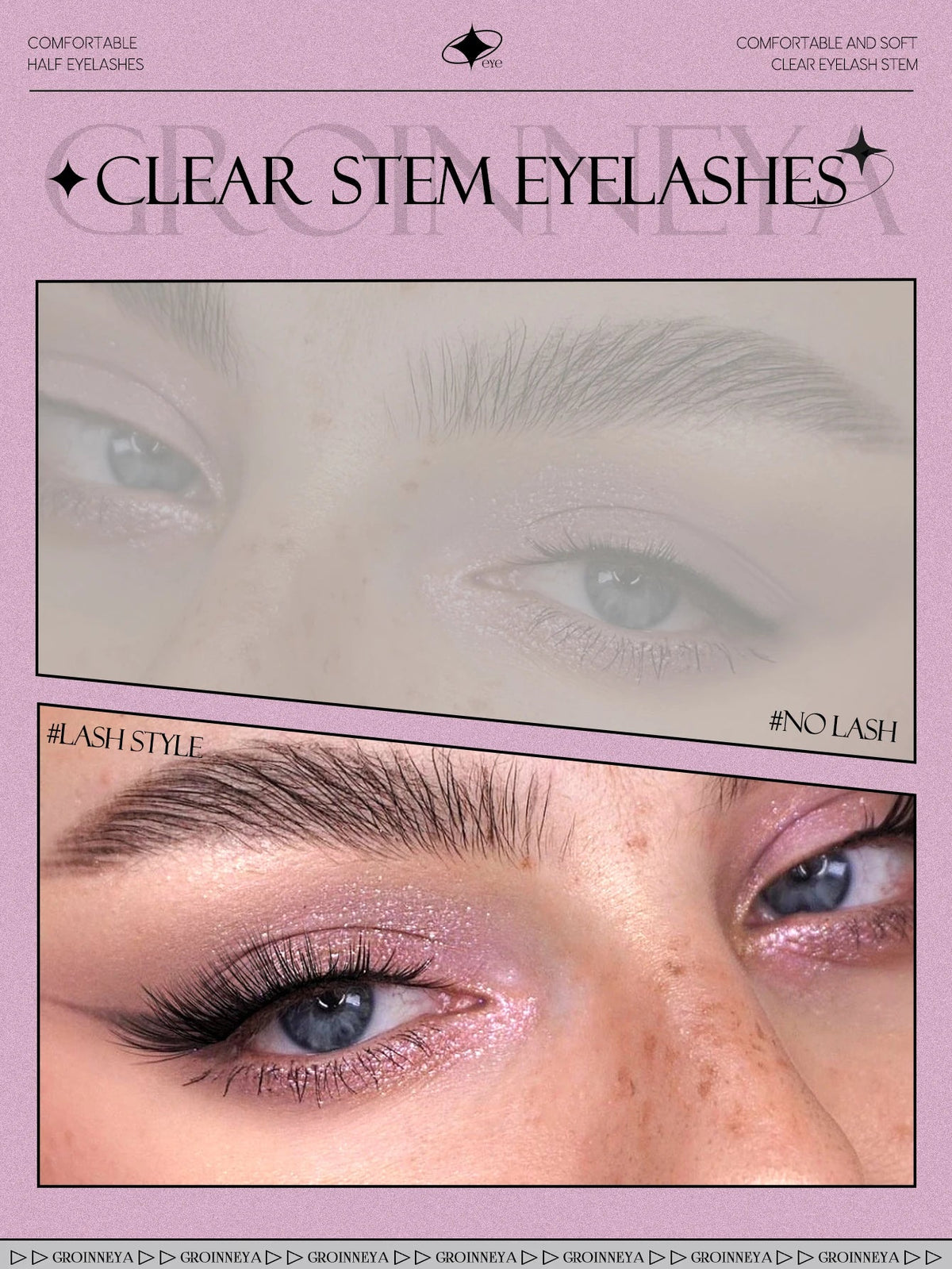 Blushimmer GROINNEYA half lashes with soft natural look, faux mink wispy style, clear band for subtle eyelash extension.