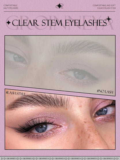 Blushimmer GROINNEYA half lashes with soft natural look, faux mink wispy style, clear band for subtle eyelash extension.