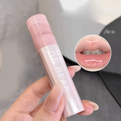 Blushimmer Gege Bear Water Gel Lip Gloss with clear shine, hydrating formula, and natural finish on a lips close-up.