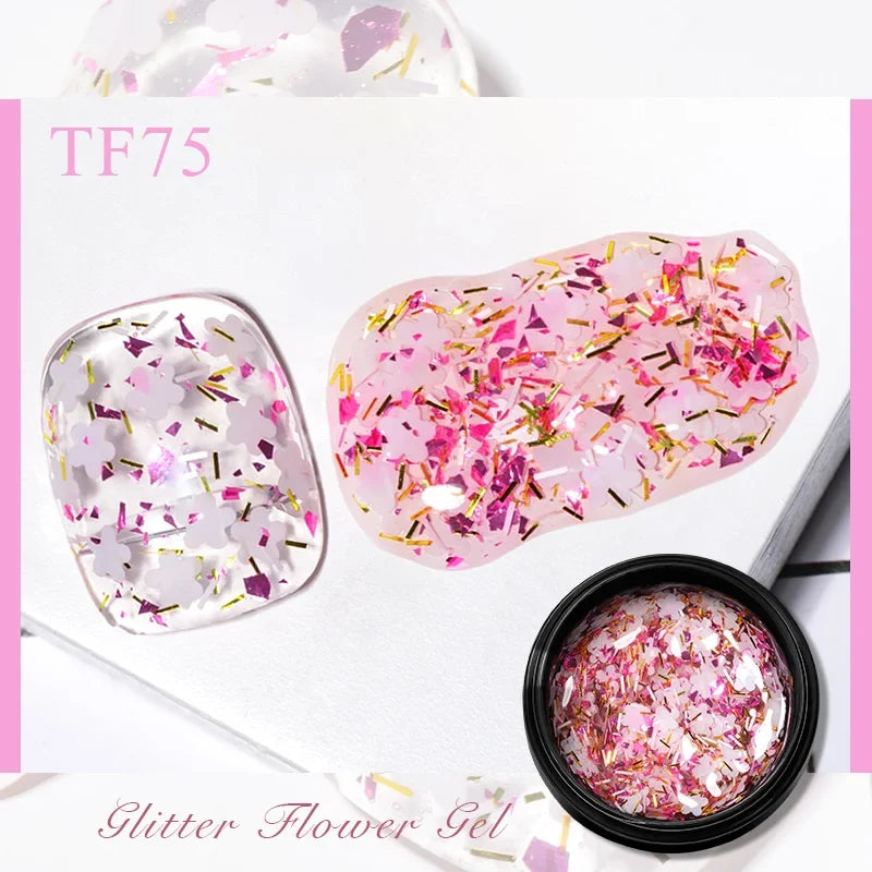 Blushimmer 5ml pink dried flower gel nail polish with natural flower accents, ideal for UV LED nail art and soak-off gel manicure.