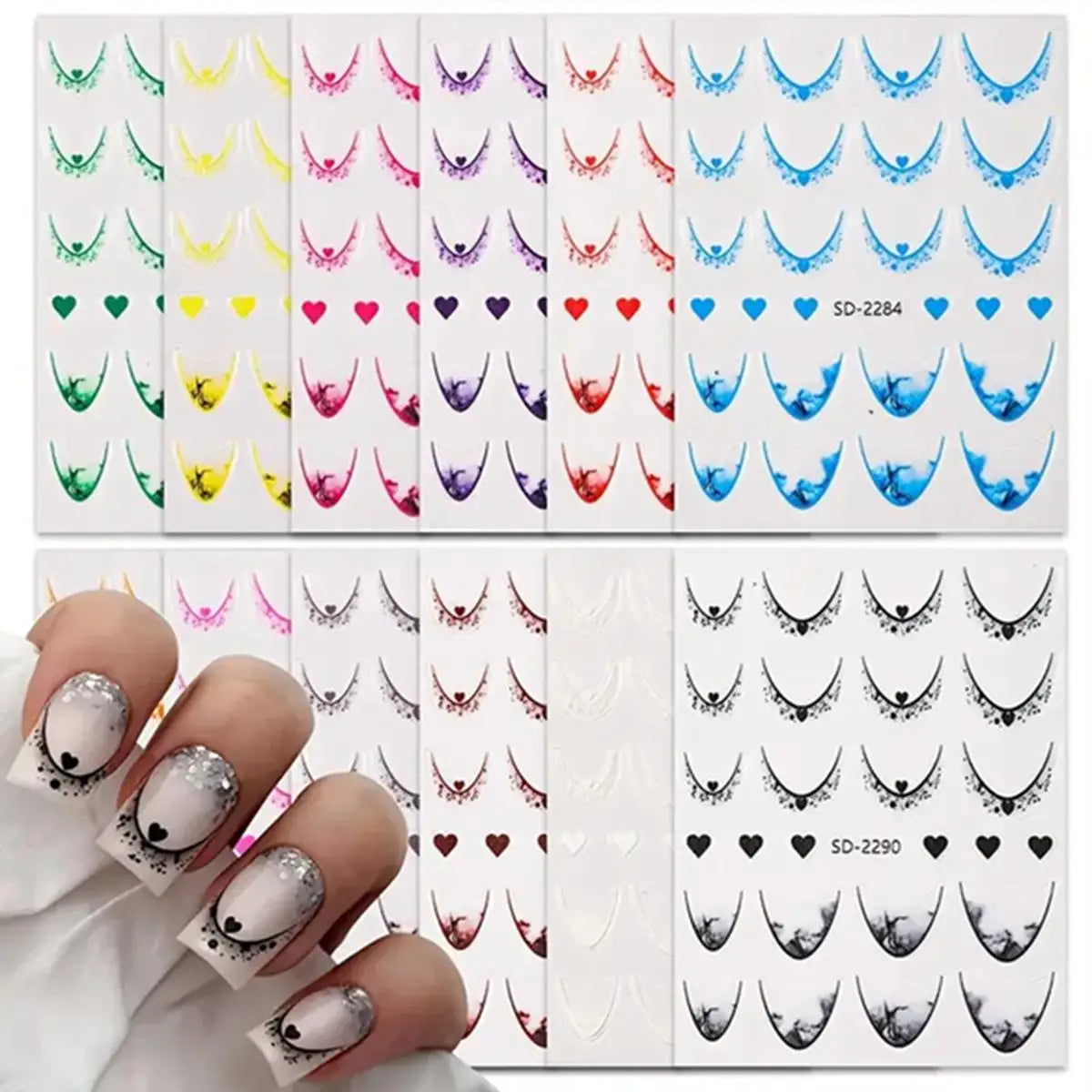 Blushimmer 12-sheet set of gradient French tip nail stickers with heart designs, self-adhesive decals for DIY nail art in 12 colors.
