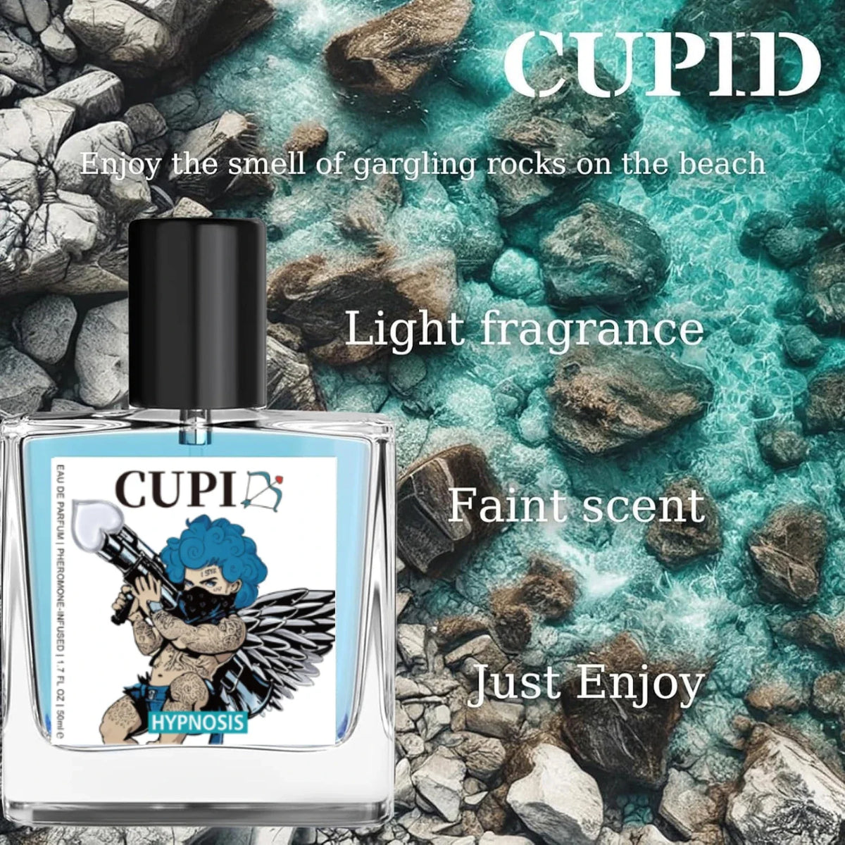 Cupid Hypnosis 2.0 Pheromone Cologne for Men by Blushimmer, 50ml bottle, with sleek packaging and elegant design.