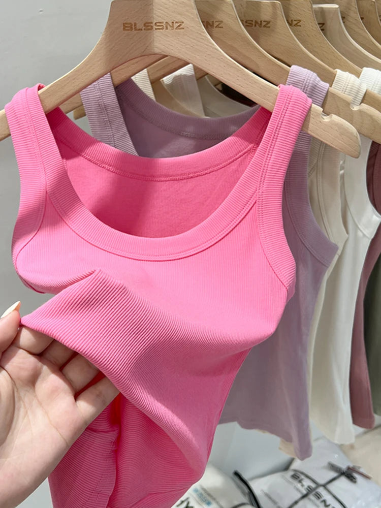 Zjaiss women's solid ribbed round neck tank top, summer basic elastic camisole, O-neck sleeveless top, light and comfortable fit