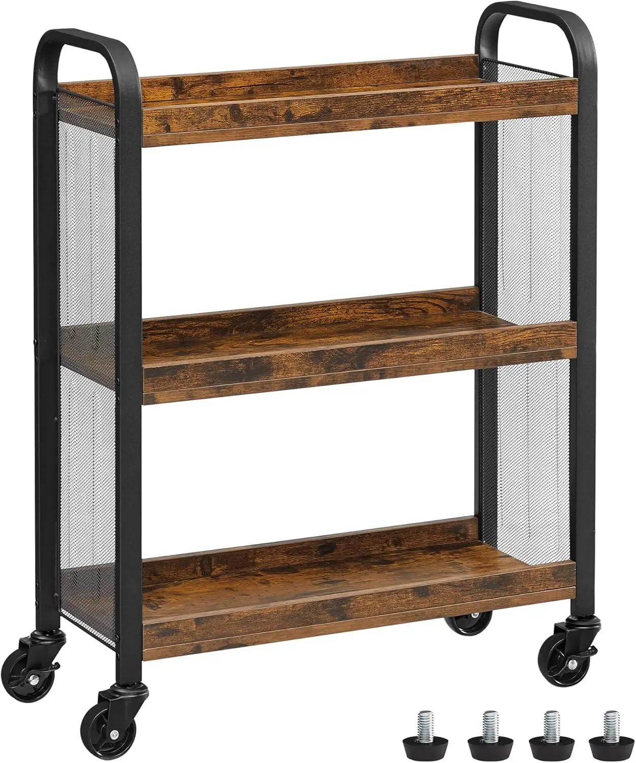 3-Tier Slim Rolling Cart with Wheels, Adjustable Feet, Steel Frame for Kitchen and Laundry Room in Rustic Brown