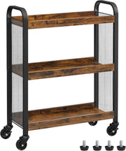 3-Tier Slim Rolling Cart with Wheels, Adjustable Feet, Steel Frame for Kitchen and Laundry Room in Rustic Brown