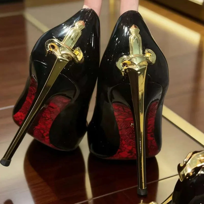 Early spring new red soled high heels for women, slim heels, pointed metal swords, sexy ladies,black patent leather single shoes