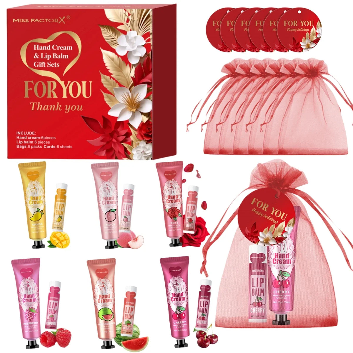 Set of 24 Blushimmer lip balms and hand creams in gift packaging with thank you cards and red gauze bags for wedding or holiday gifts.