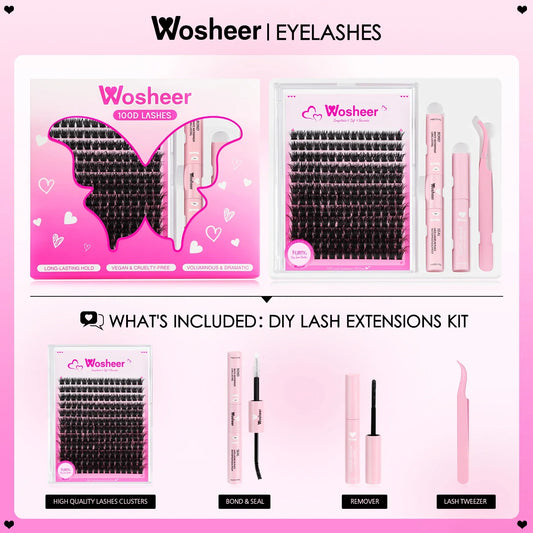 Blushimmer WOSHEER eyelash clusters kit with faux mink individual lashes, lash bond, seal, and remover for DIY eyelash extensions.