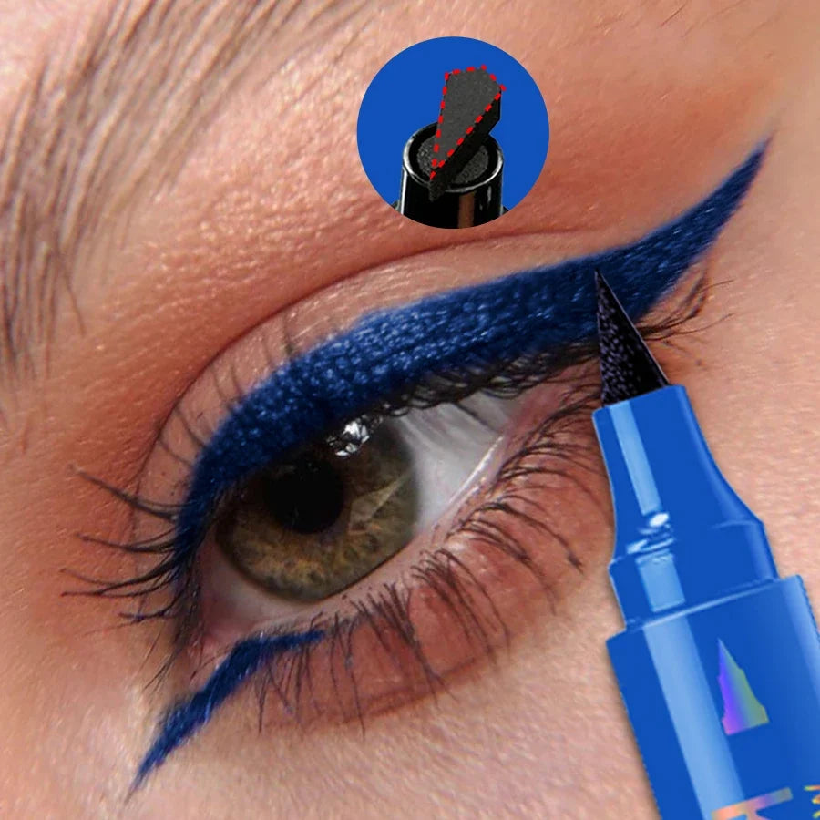 Blushimmer 2-in-1 waterproof eyeliner pen in black, purple, and blue, with a seal stamp tip for precise Korean makeup application.