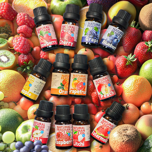 Blushimmer 27 type fruit essential oils set featuring strawberry, lemon, peach, banana, and mango for diffusers and candles.