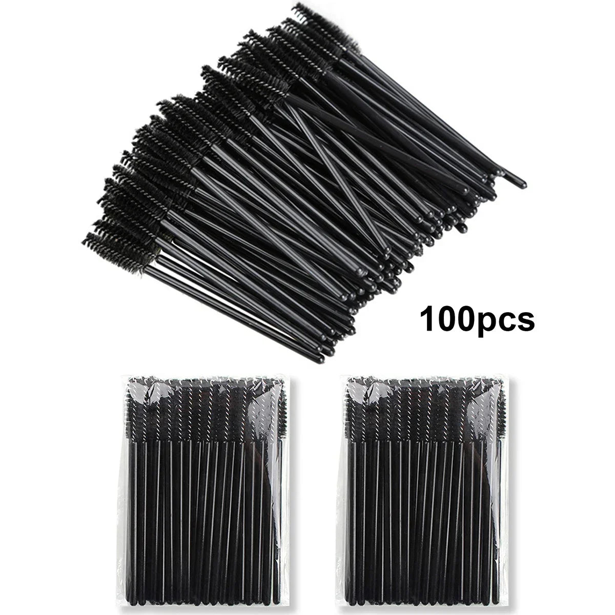 Set of 100 disposable eyelash extension brushes and spoolies by Blushimmer, micro lash mascara wands and combs for professional makeup application.