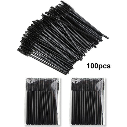 Set of 100 disposable eyelash extension brushes and spoolies by Blushimmer, micro lash mascara wands and combs for professional makeup application.