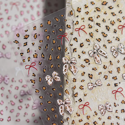 French leopard print bowknot lace ribbon with rhinestones and pearls for manicure decoration, designed by Blushimmer.