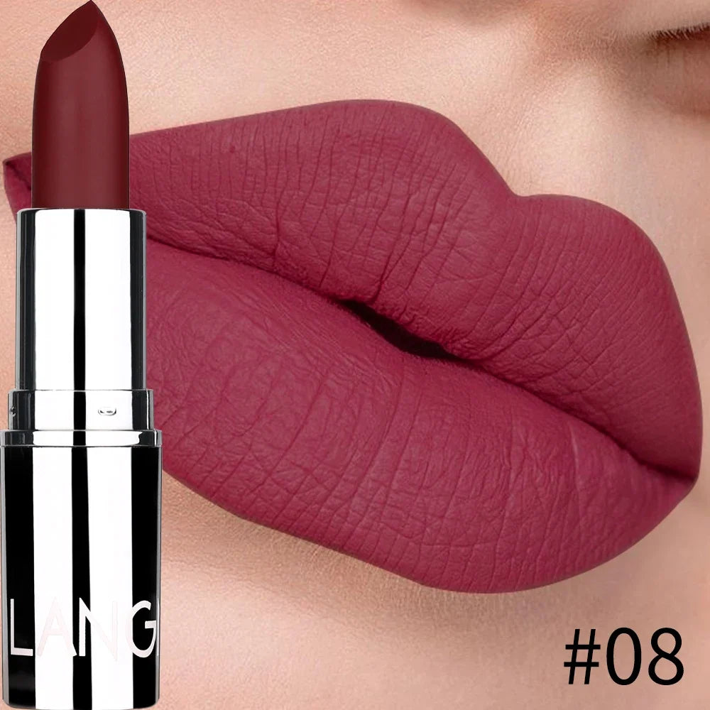 Blushimmer Langmani silver tube matte lipstick in 8 colors, non-staying cup makeup lipstick displayed in a sleek silver tube.