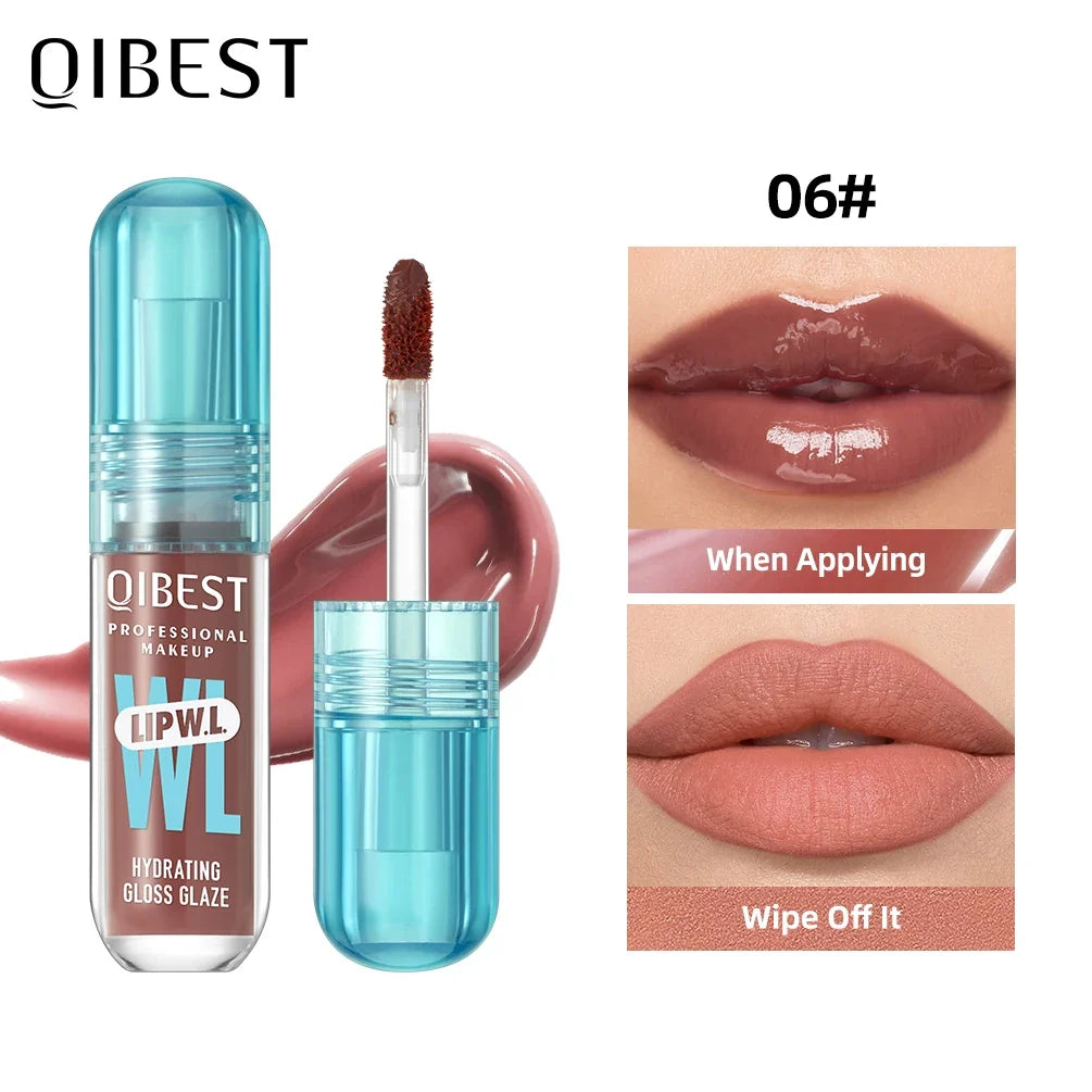 Blushimmer QIBEST Hydrating Crystal Lip Gloss with mirror finish, water-glazed look, long-lasting moisturizing lip tint, easy to fade.