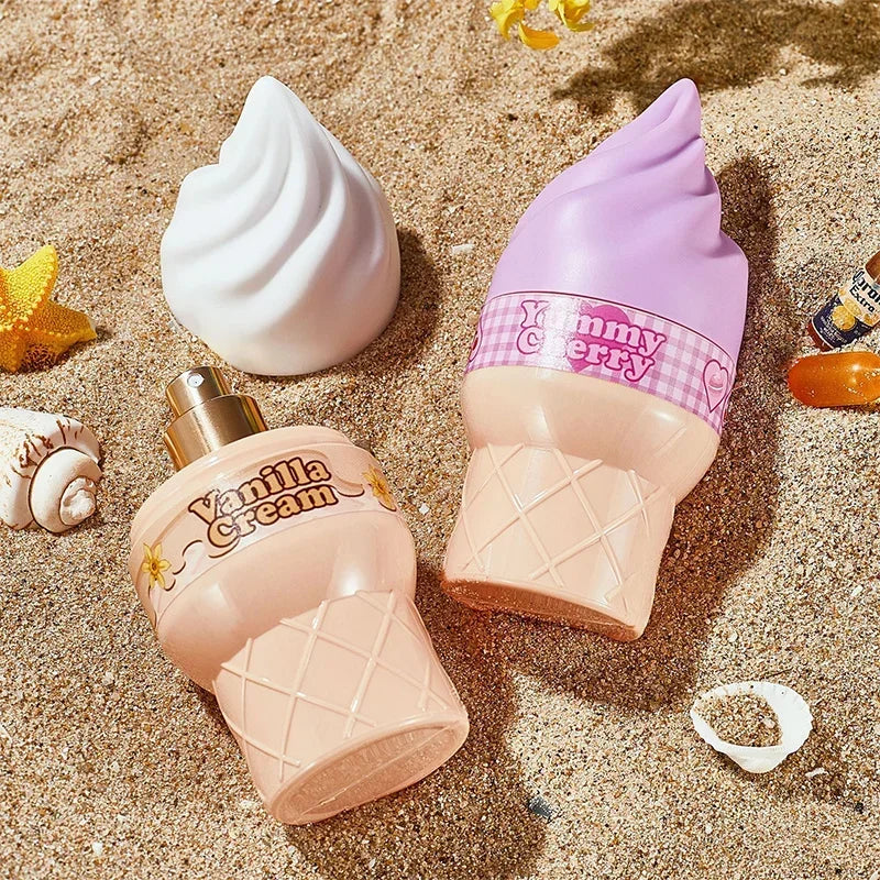Cute ice cream-shaped perfume bottle for women by Blushimmer, featuring fruity floral vanilla fragrance, 50ml eau de toilette.
