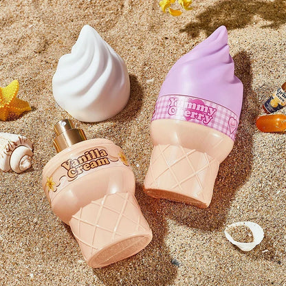 Cute ice cream-shaped perfume bottle for women by Blushimmer, featuring fruity floral vanilla fragrance, 50ml eau de toilette.