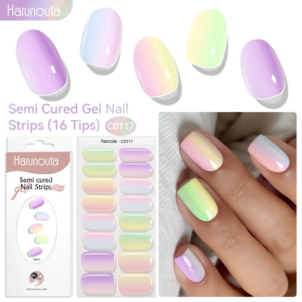 Blushimmer Harunouta 16-strip gradient red marble gel nail strips with gold lines, designed for DIY gel polish application on nails.