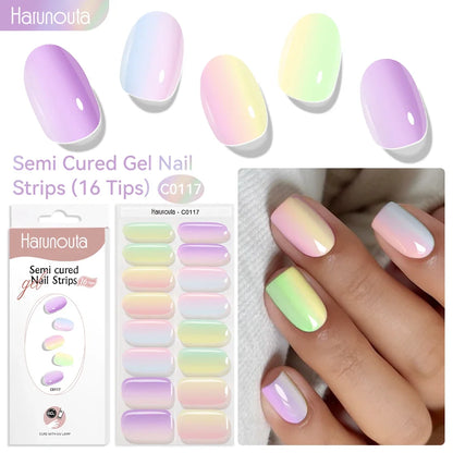 Blushimmer Harunouta 16-strip gradient red marble gel nail strips with gold lines, designed for DIY gel polish application on nails.