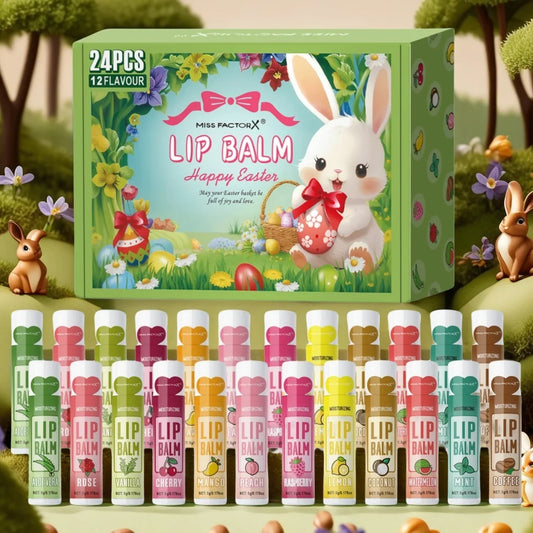 Blushimmer 24-piece lip balm set with moisturizing glosses, ideal for dry lips, perfect as Easter or women's gift, party favor