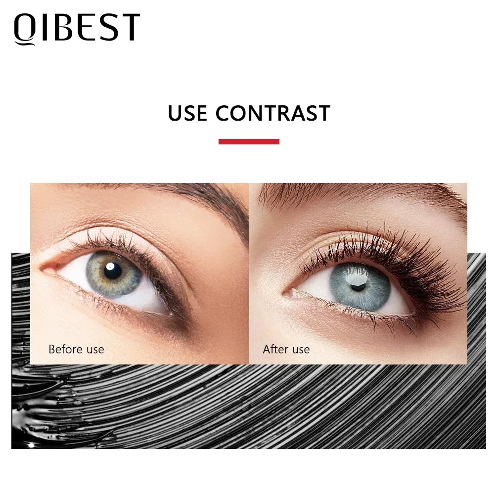 Blushimmer Qibest 4D Silk Fiber Waterproof Mascara in black, showing lengthened, voluminous lashes with a sleek mascara tube.