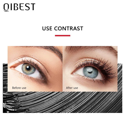 Blushimmer Qibest 4D Silk Fiber Waterproof Mascara in black, showing lengthened, voluminous lashes with a sleek mascara tube.