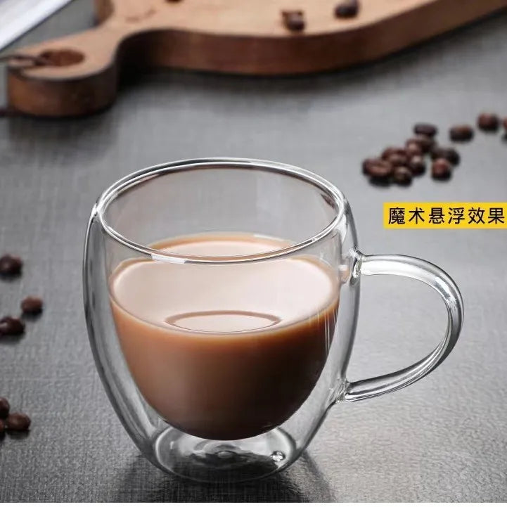 2PC Double Wall Glass Cup Heat Insulation Transparent Handmade Tea Drink Cups MINI Whisky glasses Coffee Mug with handle ﻿