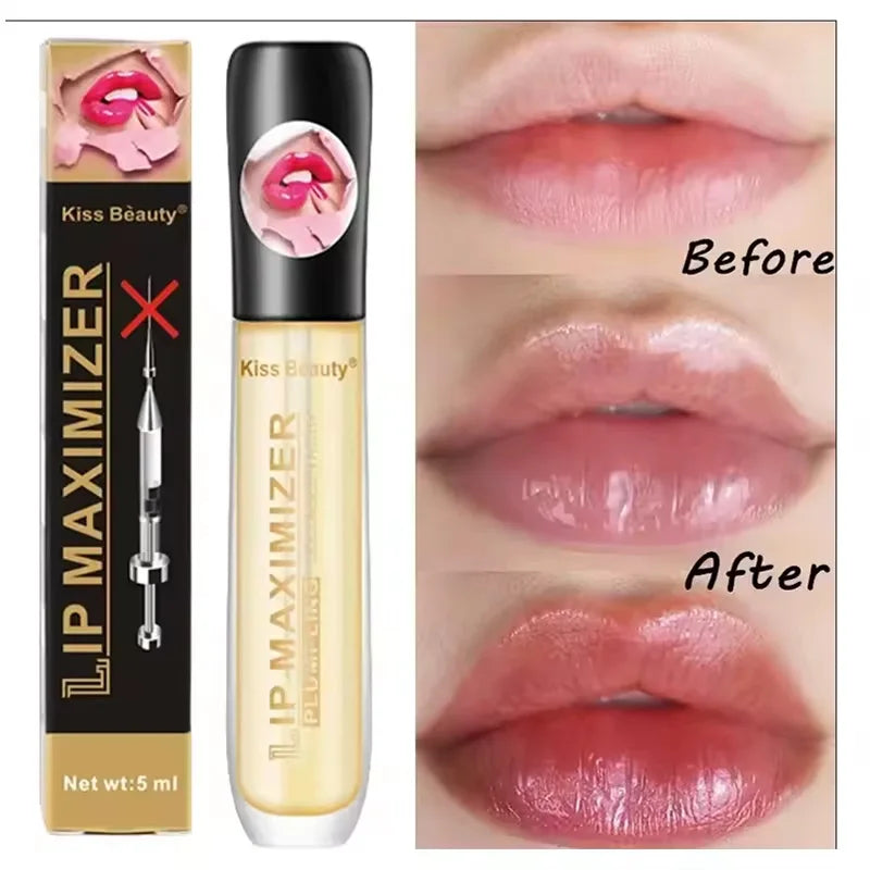 Blushimmer volumizing lip plumper serum and gloss with moisturizing, brightening, and fine line reducing properties on lips.