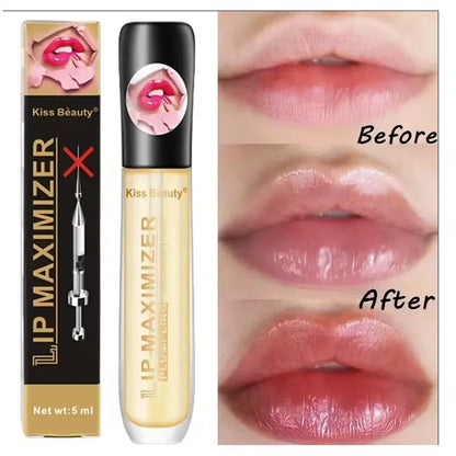 Blushimmer volumizing lip plumper serum and gloss with moisturizing, brightening, and fine line reducing properties on lips.