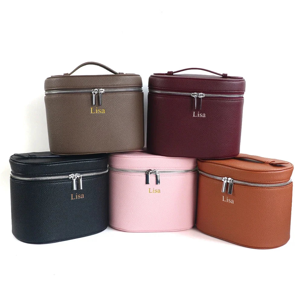 Large-capacity Blushimmer PU leather cosmetic bag with internal storage, customizable name, travel portable beauty organizer.
