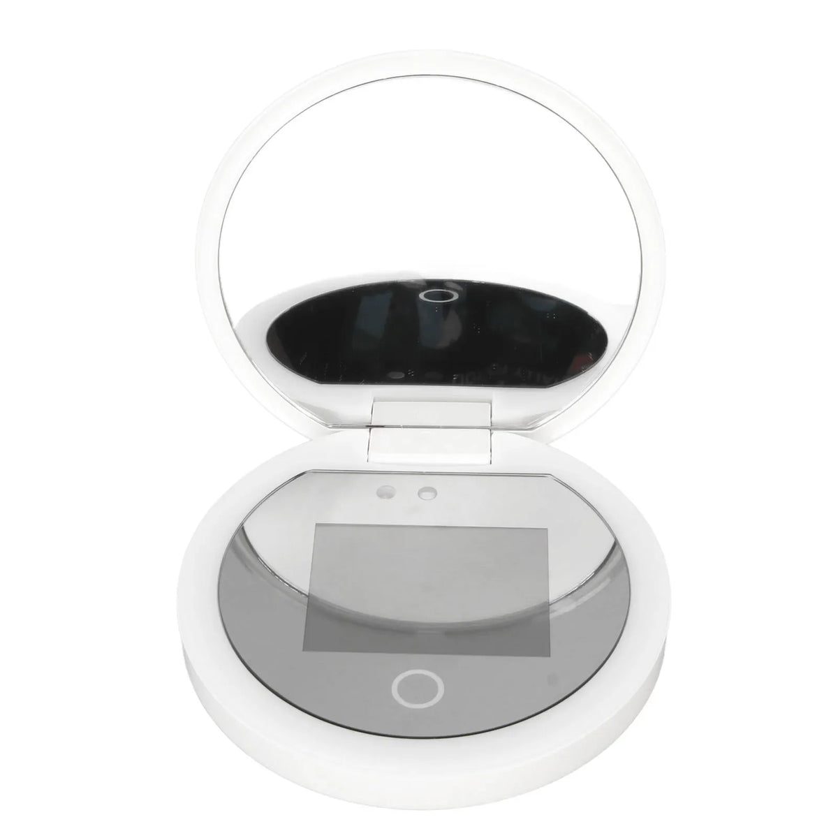 Blushimmer UV mirror sunscreen testing camera with light, 2X magnification, compact 3.5-inch travel makeup size in pocket-friendly design.