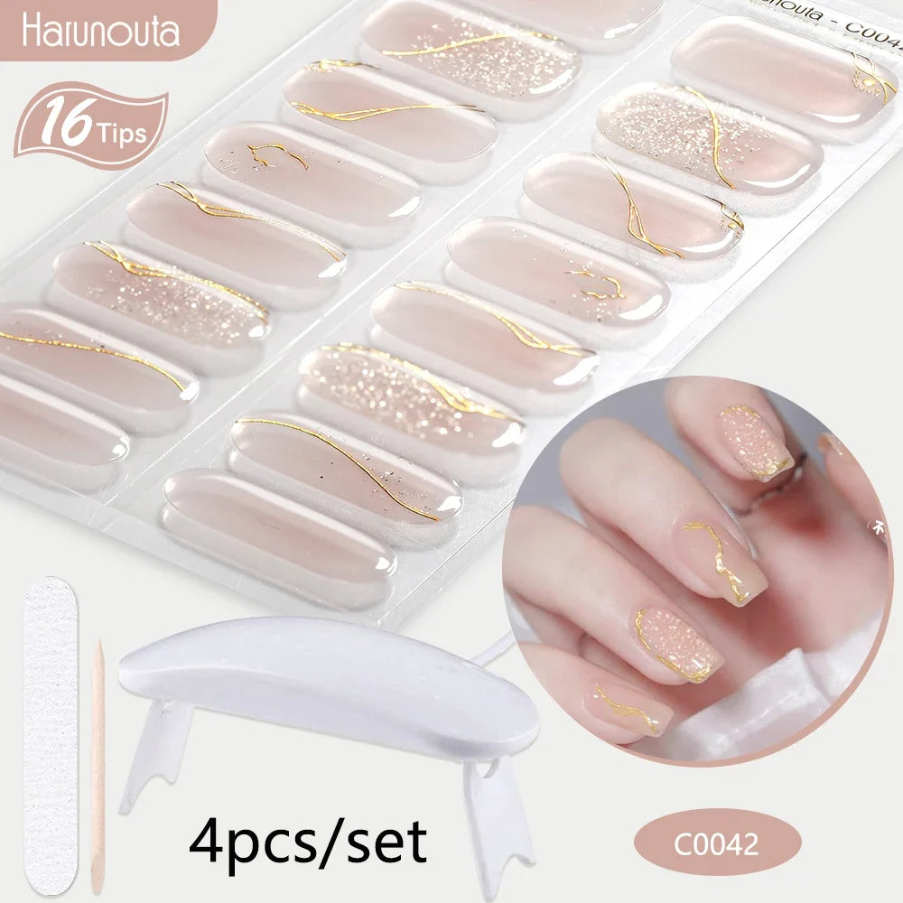Blushimmer Harunouta 4-piece set of nude pink gradient jelly semi-cured gel nail strips with nail lamp, waterproof, long-lasting.