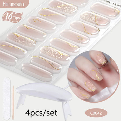 Blushimmer Harunouta 4-piece set of nude pink gradient jelly semi-cured gel nail strips with nail lamp, waterproof, long-lasting.