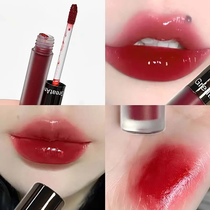 Blushimmer berry red translucent lip gloss and moisturizing nude brown lipstick with clear jelly glaze, hydrating water-light finish