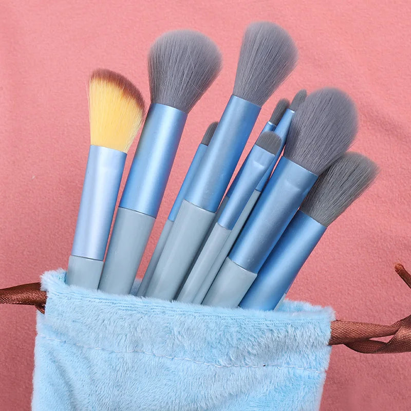 Set of 13 Blushimmer makeup brushes including eyeshadow, foundation, and blush brushes in a soft makeup tools bag.