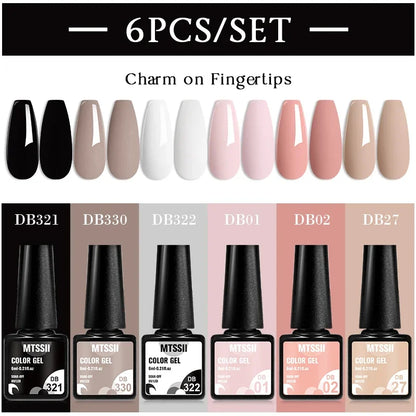 Set of six Blushimmer sparkly red gel nail polishes with shiny finish, ideal for gel nail art and manicures.