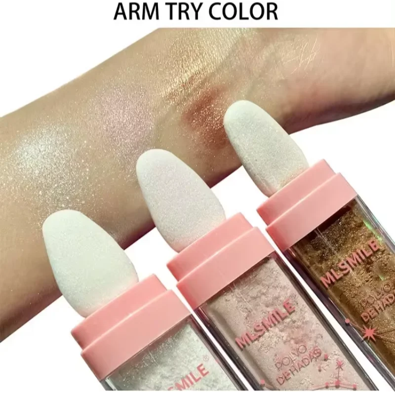 Blushimmer shimmer fairy highlighter powder in loose white face and body glitter with bronzer and illuminator effects.