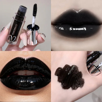 Blushimmer Gothic silver metallic lip gloss in black mirror finish with translucent, non-sticky water gloss texture on lips.