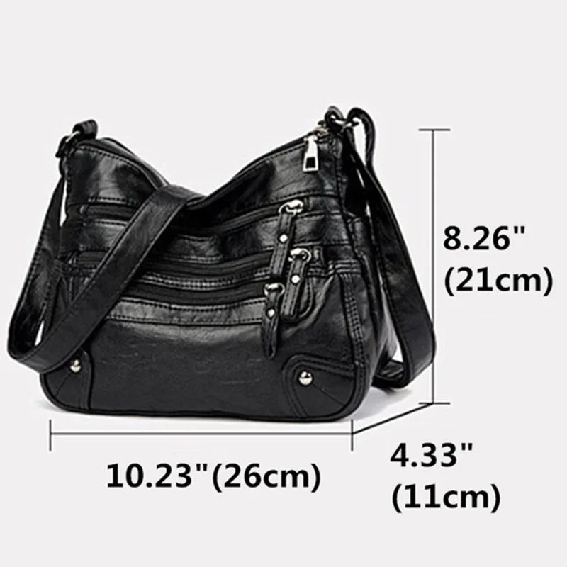 Black NNEOBA women's multi-layer leather shoulder crossbody bag with multiple compartments and sleek design.