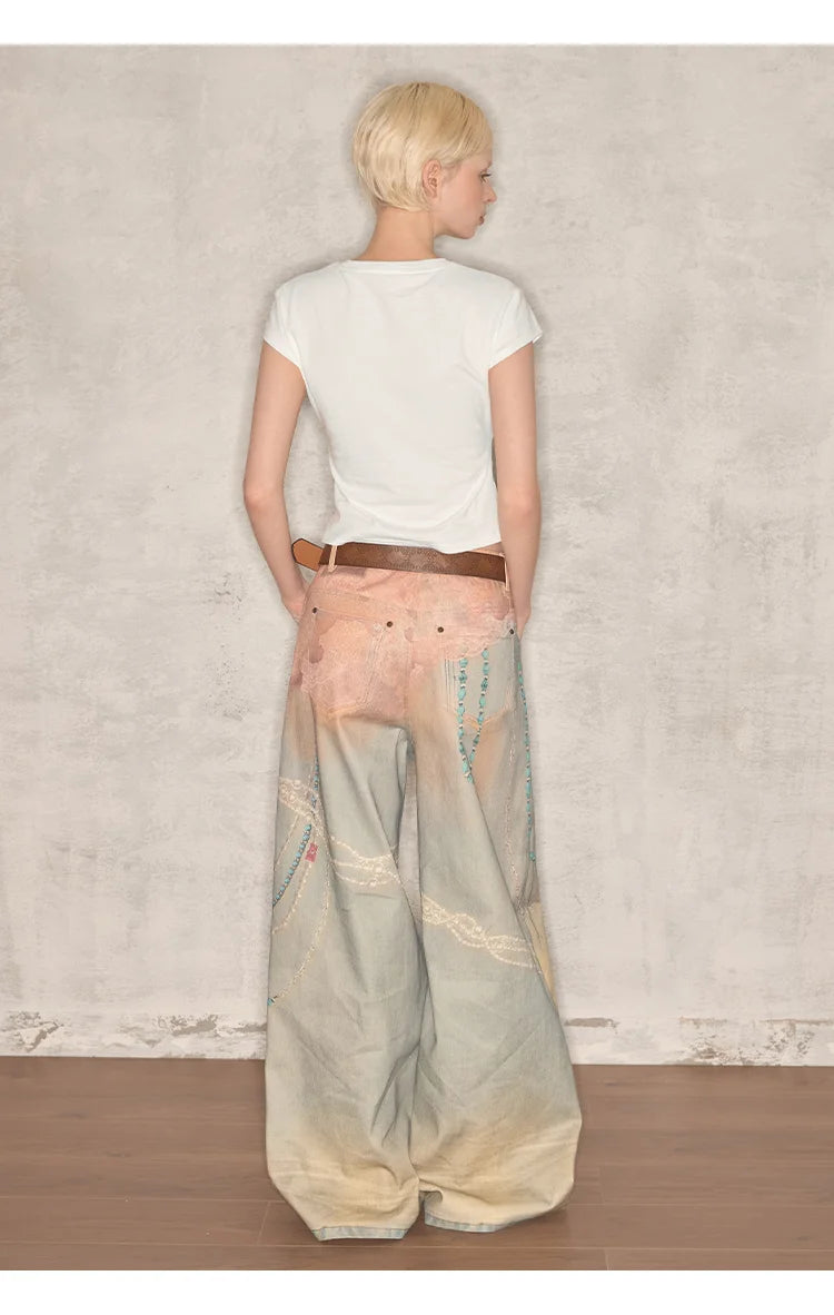 Y2K 3D Hanging Print Women Jeans Retro Loose Fit Trendy Cool Sweatpants Casual Pants