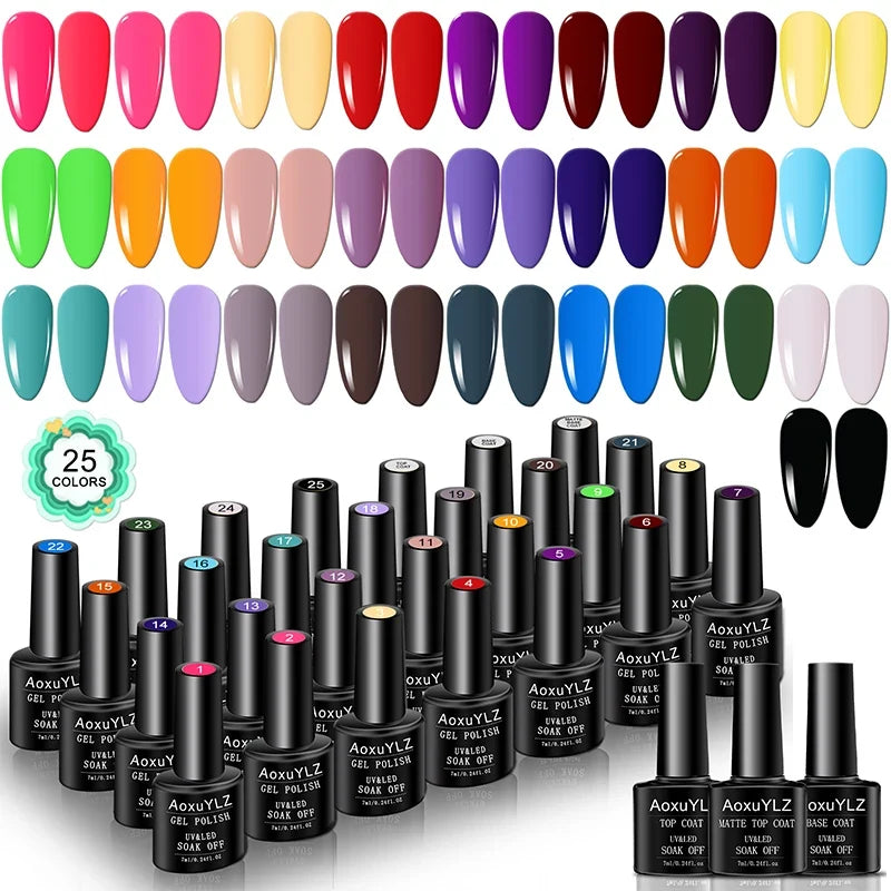 Set of 28 colorful gel nail polish bottles from Blushimmer, including matte top coat and base coat for soak-off UV gel nails.