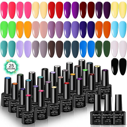 Set of 28 colorful gel nail polish bottles from Blushimmer, including matte top coat and base coat for soak-off UV gel nails.