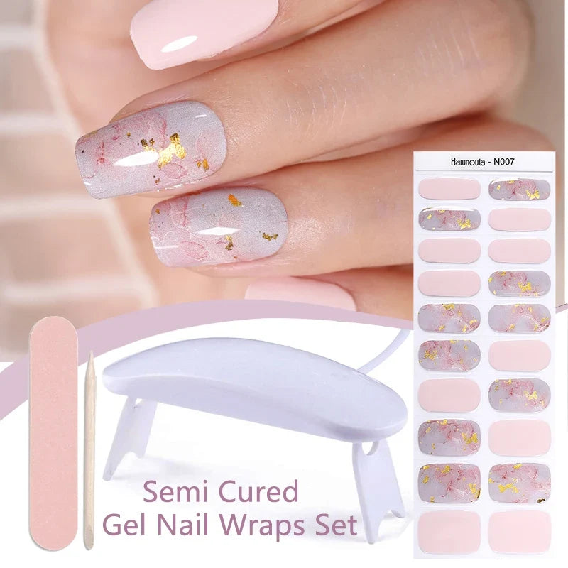 Blushimmer Harunouta 4-piece set of gradient jelly semi-cured gel nail strips with nude pink waterproof stickers and nail lamp.