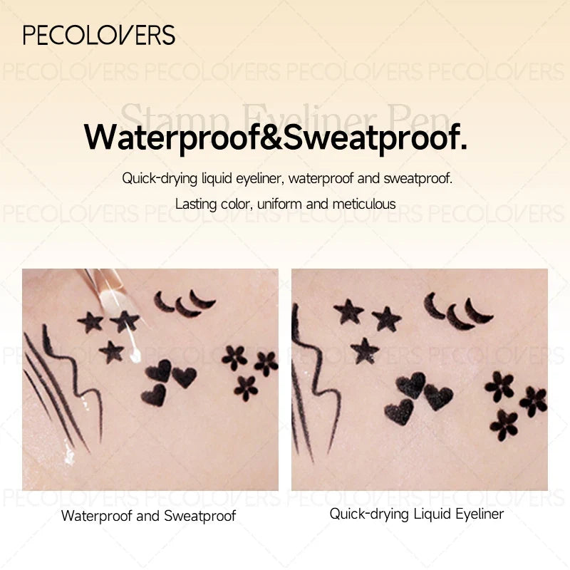 Blushimmer liquid eyeliner stamp with waterproof gel felt tip in heart, star, triangle, and flower shapes for creative eye makeup.
